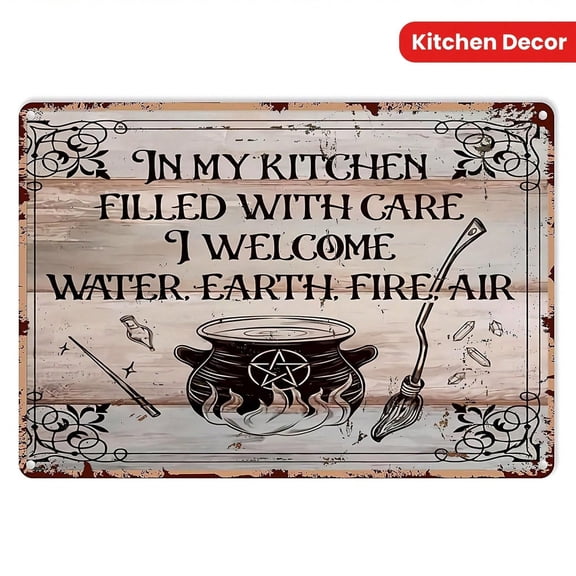 HELLOYOUNG Witchy Charm Vintage Kitchen Sign 12x8 Inch Retro Metal Wall Art with Witch in My Kitchen Filled with Care Quote for Home Bar Coffee Area Outdoor Spaces Halloween Housewarming Gift