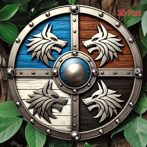 HELLOYOUNG Wolf Wall Art 8x8 Inch Round Metal Sign, 3 Wolf Heads Plaque on Blue White Brown Shield Design, Durable Aluminum Decor for Home Office