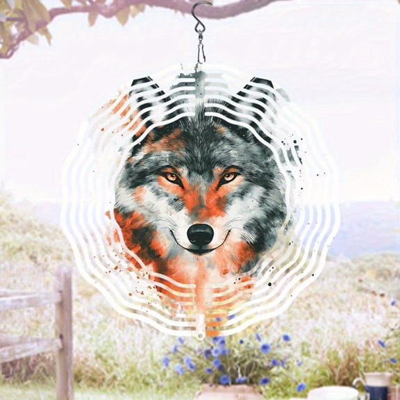 HELLOYOUNG Wolf Wind Chime Outdoor Watercolor Decor - 360 Rotating Weatherproof Metal Art Gift for Garden Patio
