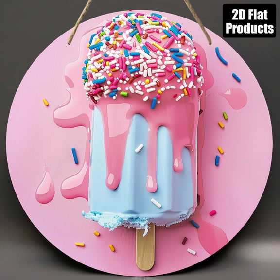 HELLOYOUNG Wooden Sign Wall Decor Ice Cream Theme 2D Printed Round Art for Kitchen Bar Cafe, 8x8 Inch, Perfect Gift for Home Office Party Decor