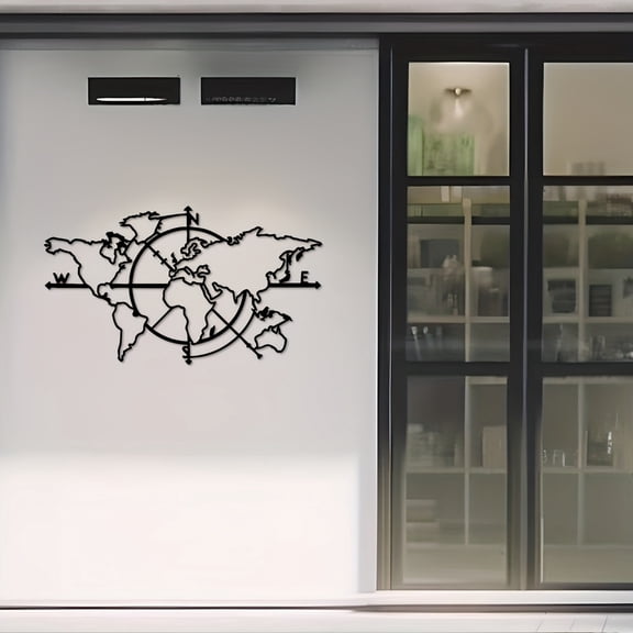 HELLOYOUNG World Map Metal Wall Decor with Compass Rose North/South/East/West/Up/Down Directions for Home Classroom - Educational Geographical Indication Gift for Travelers and Geography Lovers