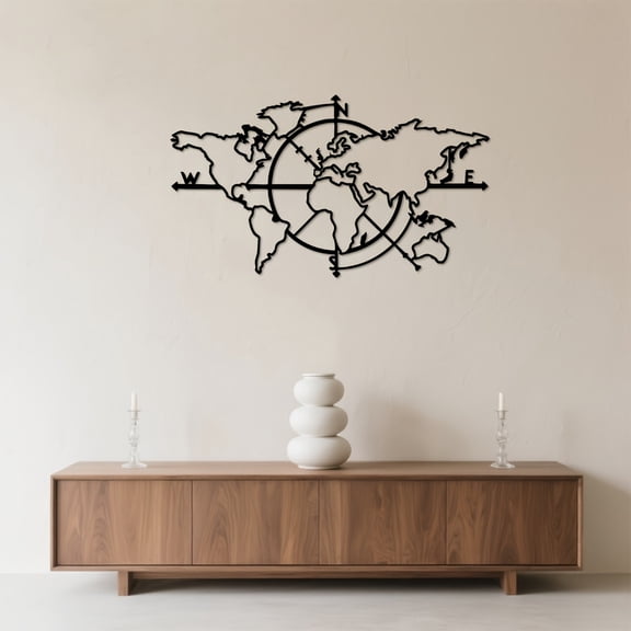 HELLOYOUNG World Map Metal Wall Decor with Compass Rose North/South/East/West/Up/Down Directions for Home Classroom - Educational Geographical Indication Gift for Travelers and Geography Lovers