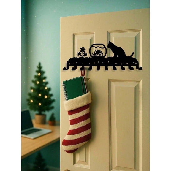 HELLOYOUNG Wrought Iron Wall Mounted Key Holder, Cute Cat & Fish Tank Pet Silhouette Decor, Animal Theme Entryway Hook Rack for Indoor Outdoor Storage Organizer