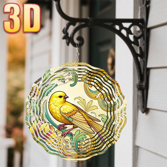 HELLOYOUNG Yellow Bird Floral Wind Spinner Swivel Hook 360 Rotating Classic Art for Garden Patio Porch Decor, Battery-Free Hanging Ornament