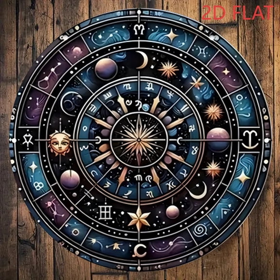 HELLOYOUNG Zodiac Signs Metal Wall Art - 12 Astrology Round Aluminum Chart with Celtic Knot, Home Office Cafe Decor, Unique Gift Idea