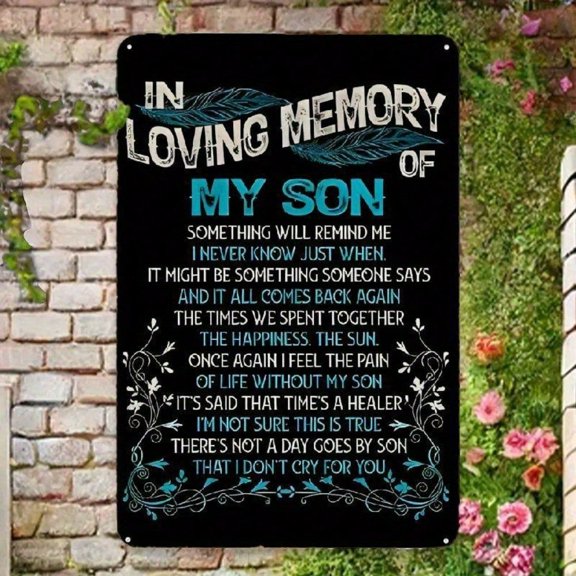 HELLOYOUNG in Loving Memory Metal Grave Marker for Son, 2D Flat Memorial Plaque Sign, Headstone Cemetery Gift, Fade-Resistant Outdoor Tribute
