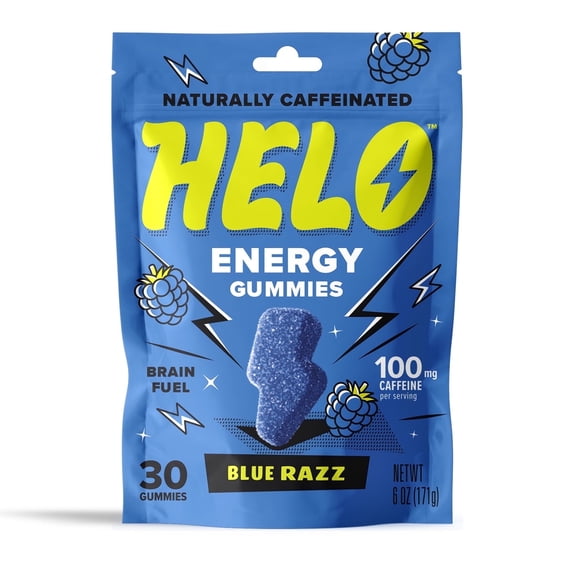 HELO Energy Gummies, Blue Razz (30CT) - 50mg of Caffeine per Gummy, Alpha GPC, Lion's Mane, Ashwagandha, Cordyceps, Electrolytes, Vitamin B12