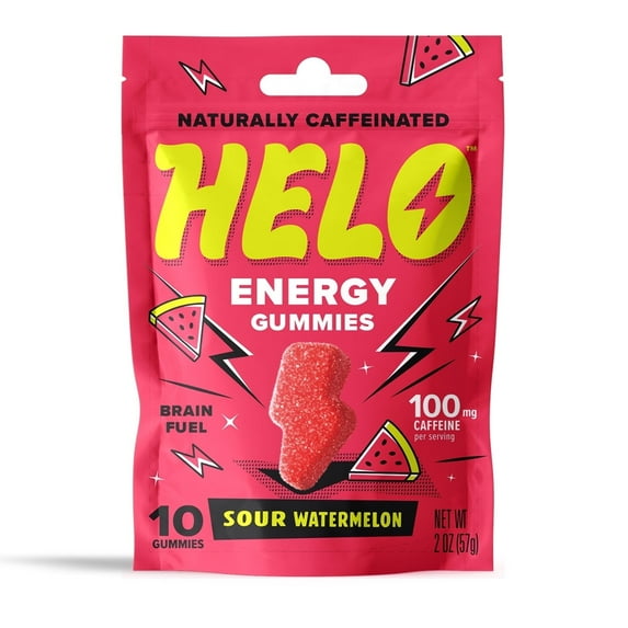 HELO Energy Gummies, Sour Watermelon (10CT) - 50mg of Caffeine per Gummy, Alpha GPC, Lion's Mane, Ashwagandha, Cordyceps, Electrolytes, Vitamin B12