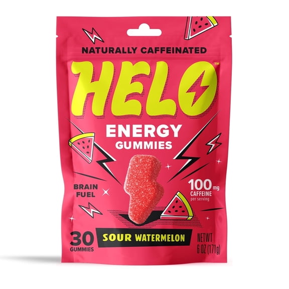 HELO Energy Gummies, Sour Watermelon (30CT) - 50mg of Caffeine per Gummy, Alpha GPC, Lion's Mane, Ashwagandha, Cordyceps, Electrolytes, Vitamin B12