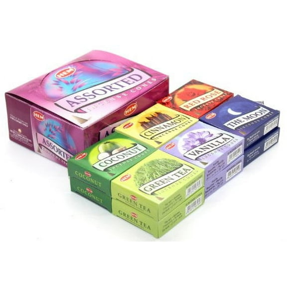 HEM Assorted Incense Cones - 12 Packs of 10 Cones Each - With 6 Different Scents: Vanilla, Cinnamon, The Moon, Green Tea, Coconut, Red Rose