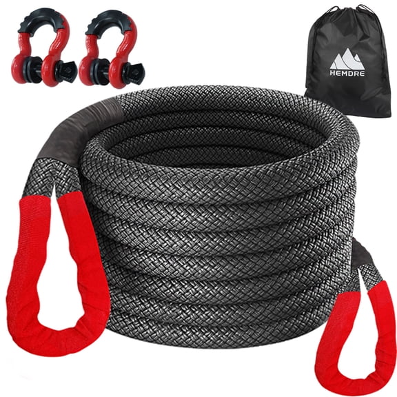 HEMDRE 1" x 30' Kinetic Recovery Rope 48,000lbs with 2 D-Ring Shackles, Heavy Duty Off Road Recovery Kit, Black Nylon Kinetic Tow Ropes for Trucks, Pickups, Tractors, SUVs, ATVs