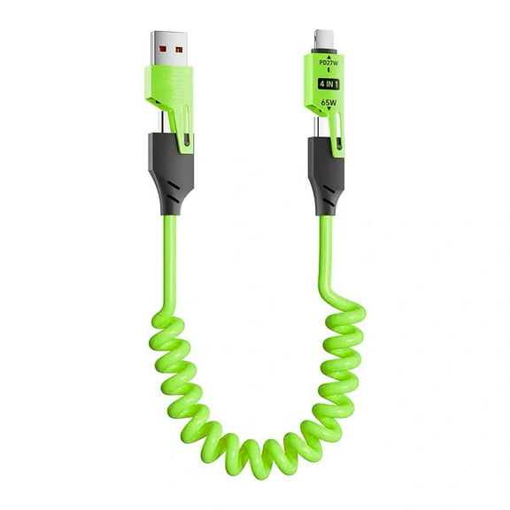 HEMDRE 4-in-1 Spring Fast Charging Cable, 65W Multi Fast Charging Cable, 4ft Retractable Charging Cable PD 27W for iPhone, Samsung Laptops & Tablets, Green