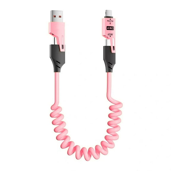 HEMDRE 4-in-1 Spring Fast Charging Cable,  65W Multi Fast Charging Cable, 4ft Retractable Charging Cable PD 27W for iPhone, Samsung Laptops & Tablets, Pink