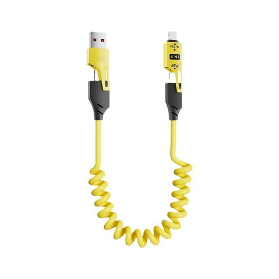 HEMDRE 4-in-1 Spring Fast Charging Cable, 65W Multi Fast Charging Cable, 4ft Retractable Charging Cable PD 27W for iPhone, Samsung Laptops & Tablets, Yellow