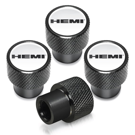 HEMI Logo in White on Black Aluminum Tire Valve Stem Caps