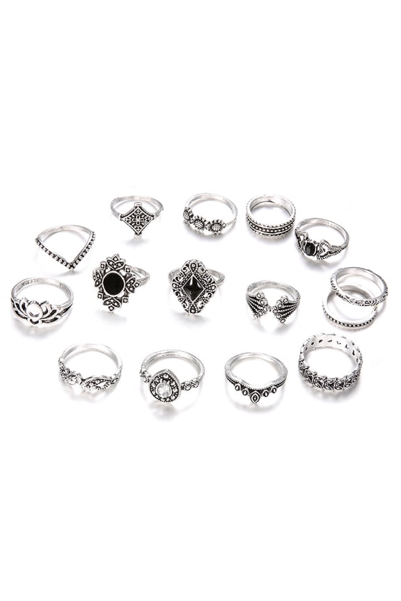 15Pcs Vintage Silver Joint Knot Rings Set Women Stackable Joint Retro Stone Crystal Stacking Rings