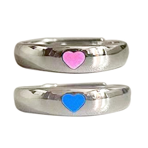 HEMLBOYW 2x Fashion Blue Love-Heart Luminous for Women Fluorescent Glow In Dark Adjustable Couple Finger Jewelry Alloy