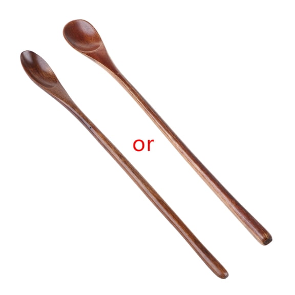 HEMLBOYW Natural Wooden Spoon Coffee Tea Cooking Dining Utensil Retro Long Handle Cutlery Stainless Steel