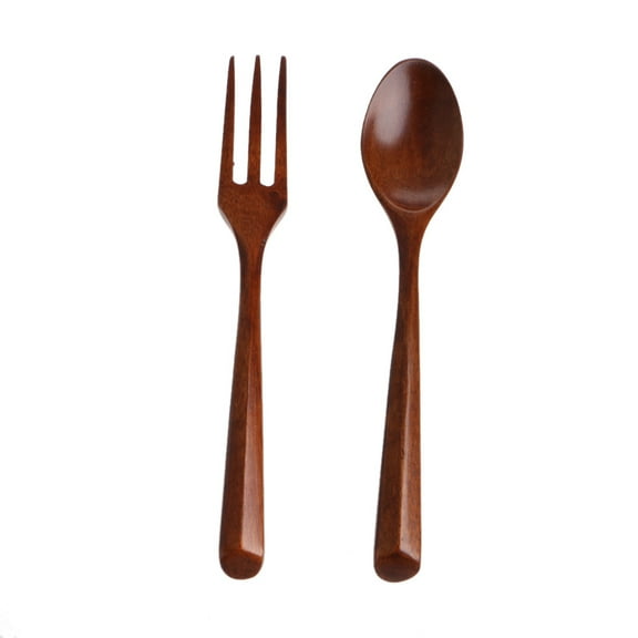HEMLBOYW Set Wooden Dinner Spoon Fork Wood Cutlery Salad Cooking Dining Utensil Tableware Stainless Steel