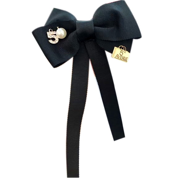 HEMLBOYW Women Long Ribbon Bow Tie Brooch Number 5 Faux Pearl Lapel Pin Pre-Tied Necktie Polyester
