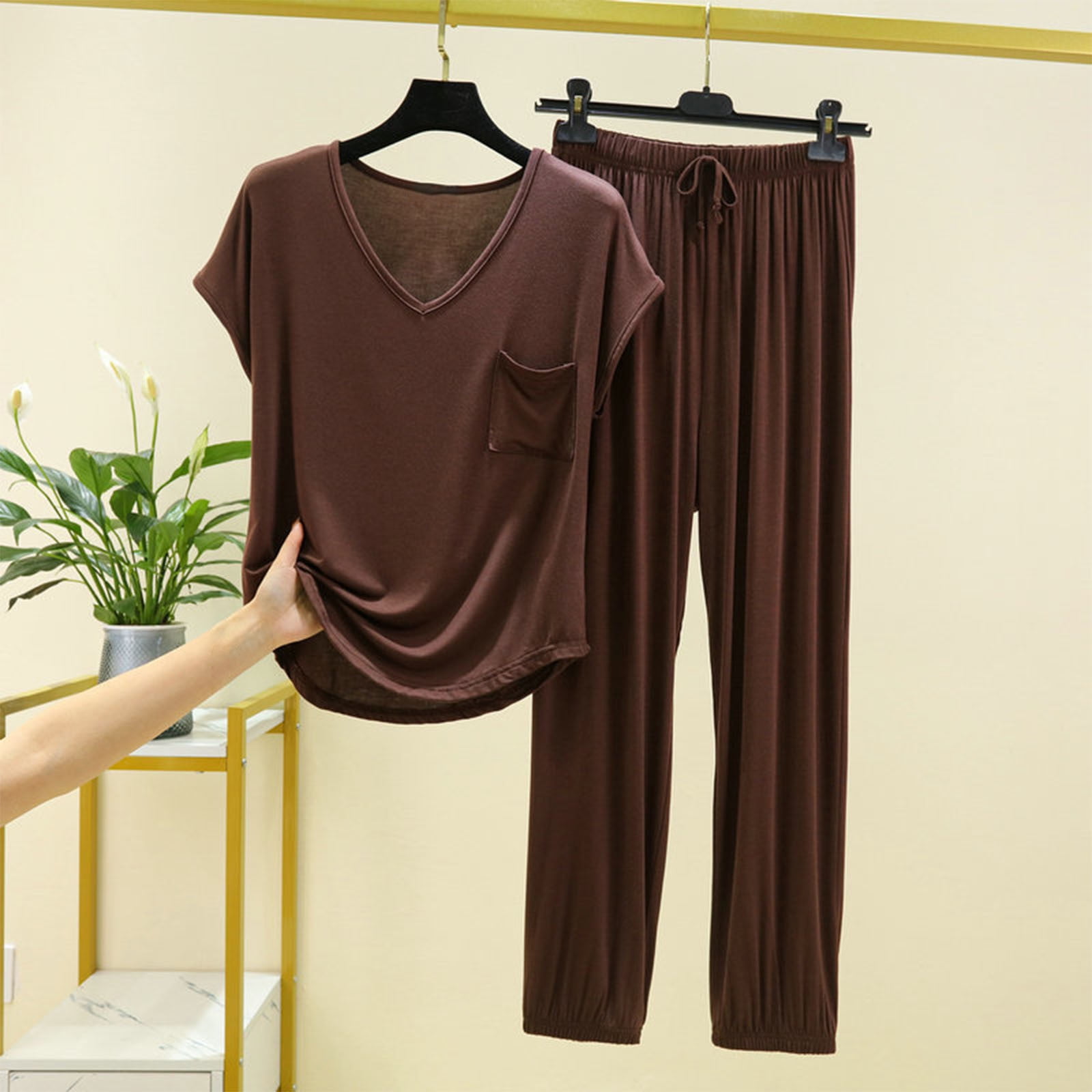 Anjue Women's Short Sleeve Pajama Set - Soft Bamboo Viscose Loungewear With Pockets (Style A, Cyan, Size S) - View #3