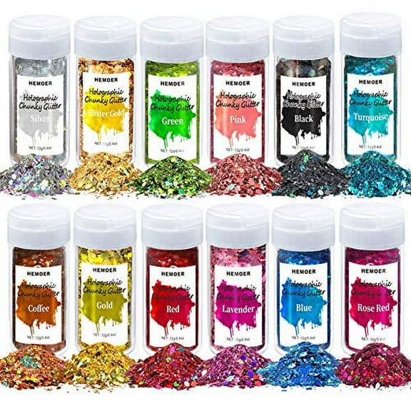 HEMOER Holographic Chunky Glitter, 12 Colors Chunky Sequins Glitter, Cosmetic Craft Glitters Set for Resin, Body, Hair, Face, Nail, Slime Festival Party Art and More - 0.42oz Each Bottle