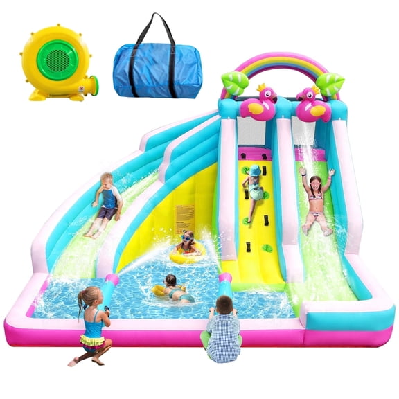 HEMOPOW 6-in-1 Inflatable Flamingo Water Park: Double Slides, Bounce & Splash Pool for Indoor/Outdoor Kids Ages 3-10