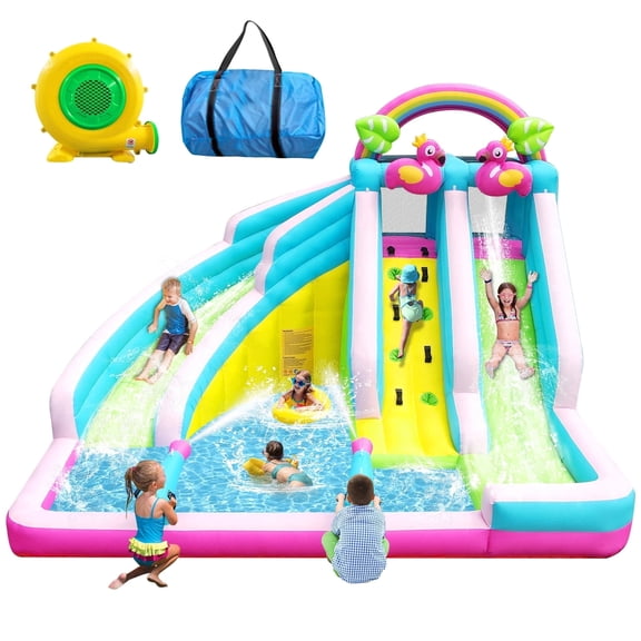 HEMOPOW 6-in-1 Inflatable Flamingo Water Park: Double Slides, Bounce & Splash Pool for Indoor/Outdoor Kids Ages 3-10