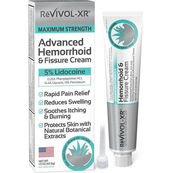 HEMORRHOID TREATMENT & FISSURE CREAM, RAPID RELIEF & PROTECTION FROM PAIN, ITCHING, SWELLING. 5% LIDOCAINE, GLYCERIN, ALOE, WITCH HAZEL, VITAMINS, MINERALS + HERBAL EXTRACTS ADV FORMULA. USA MADE.