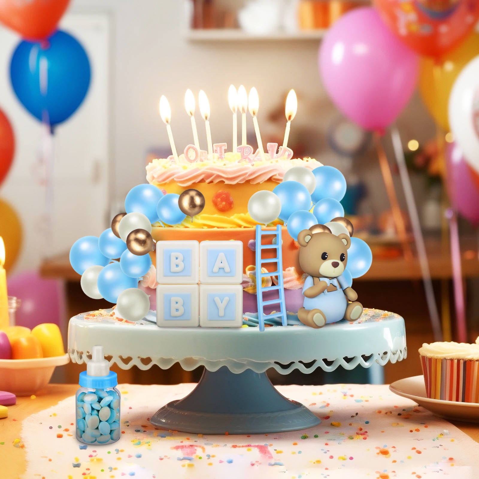Bear Cake Toppers Set - Teddy Bear Decorations, Ball Toppers, & "Happy Birthday" Sign (Blue Theme) - View #6