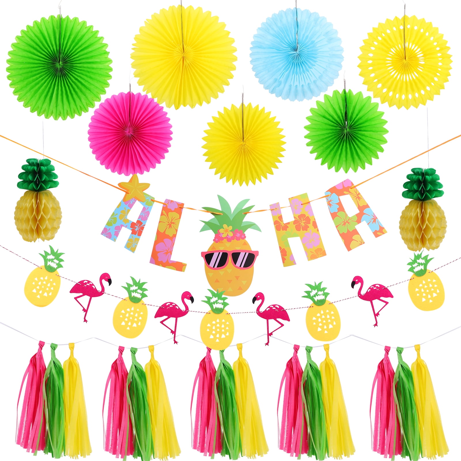 HEMOTON 1 Set Hawaiian Theme Party Decor Flamingo Pineapple Banner Hanging  Paper Fans 