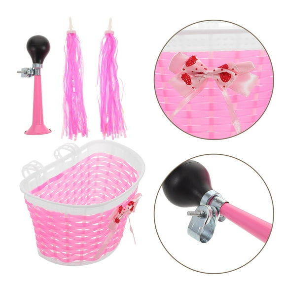HEMOTON 1 Set Kids Bike Basket Streamers Bell Set Children Bicycle Handlebar Tassel Ribbon Horn Cute Girl Accessories For Kids Scooter
