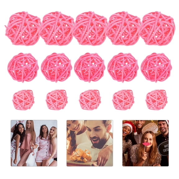 HEMOTON 15 Pcs Wicker Rattan Ball Decorative Spheres Balls Ornaments Baby Pink