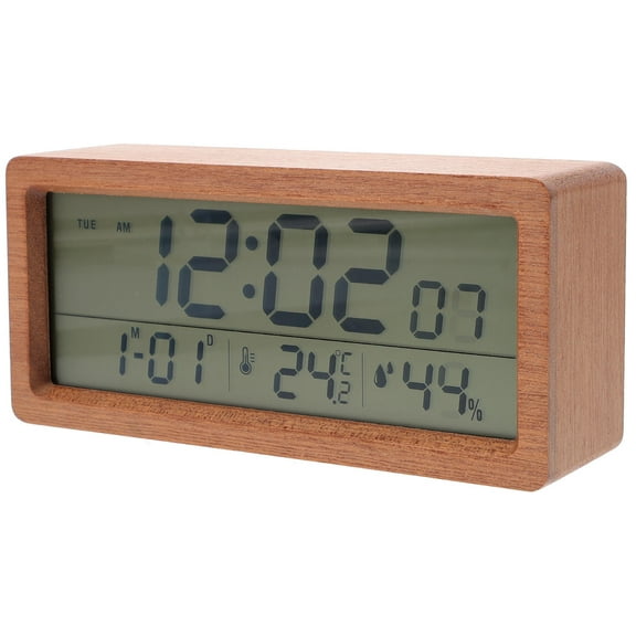 EXHUMKY Sleek Rectangular Tabletop Clock in Brown with Time, Date, and Weather Display for Bedroom and Office Decor