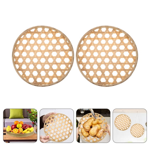 HEMOTON  2 Pcs Bamboo Weaving Sieve Kitchen Supply Round Fruit Basket Woven