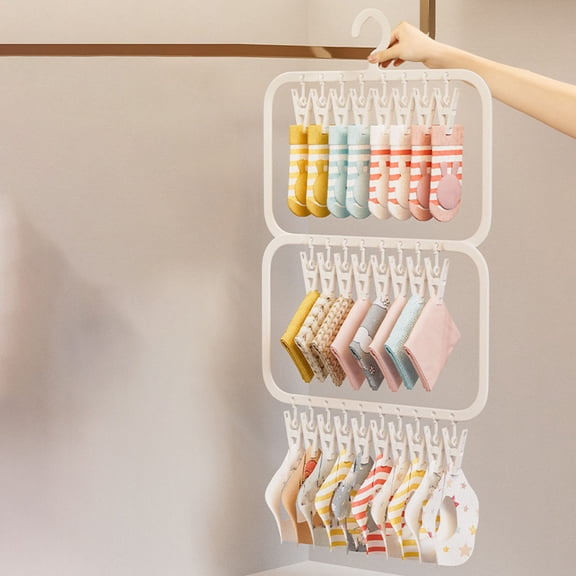 HEMOTON 2PCS Foldable Plastic Clothes Drying Rack with Clips Multi-Functional Laundry Hanger for Socks Underwear Bras Windproof and Space-Saving