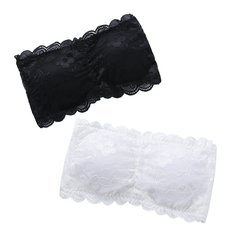 HEMOTON 2pcs Women's One Size Strapless Lace Bandeau Bra Padded Removable  Seamless Stretch Bandeau Tube Bra Top (White & Black) 