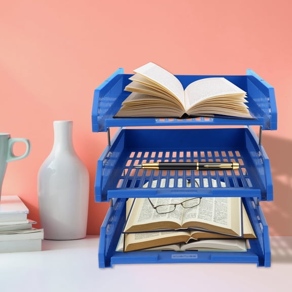 HEMOTON  3-Tier File Organizer Office Desktop Document Tray Riser Blue