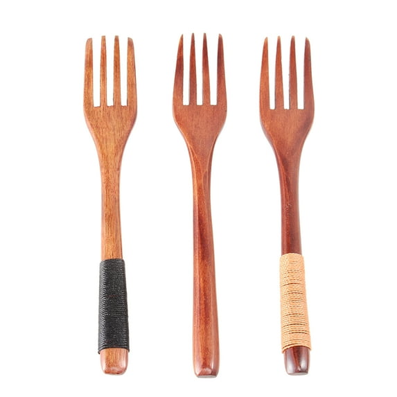 HEMOTON 3pcs Japanese Style Fork with Tied Line on Handle Wooden Four-teeth Forks Tableware for Home