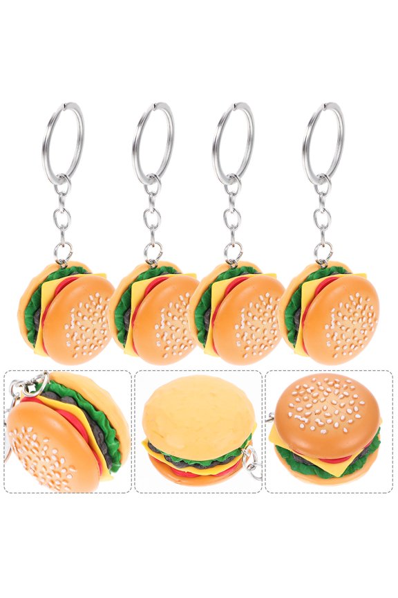 4 Pcs Hamburger Hanging Charms Foods Pendant Key Ring Lasting Keychain