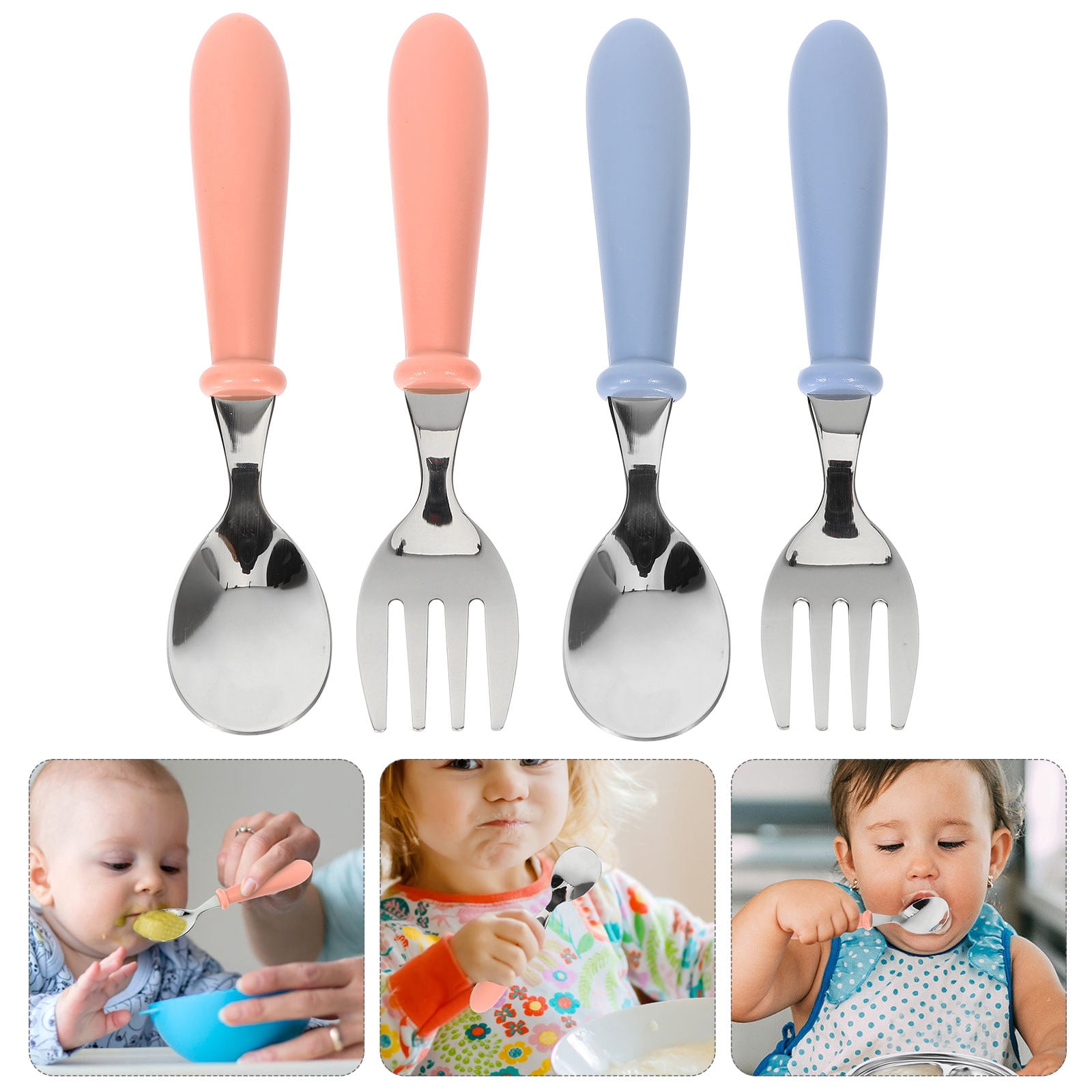HEMOTON 4-Piece Kids Silverware Set with Ergonomic Handles, Small Forks ...