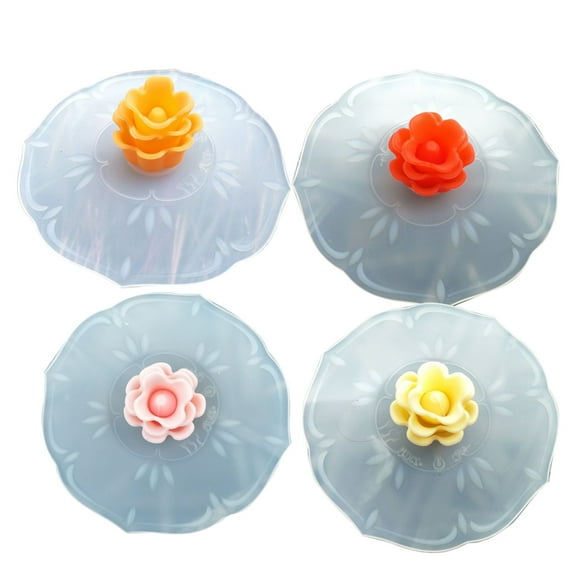HEMOTON 4pcs Dustproof Rose Design Mug Covers Leak-proof Silicone Cup Lids Lovely Sealed Covers Mug Covers (Random Color)