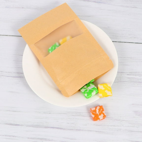 HEMOTON 50pcs Transparent Window Kraft Paper Gift Bags Portable Self-adhesive Sweet Storage Pouch for Party Supplies (9x14cm)