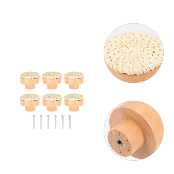HEMOTON 6 Sets Round Decorative Rattan Wooden Drawer Knob Bohemian Knobs