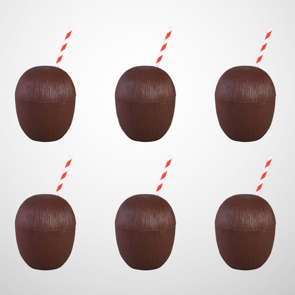 HEMOTON 6PCS/Set Coconut Drink Cups Tropical Party PE Cups Supplies for Luau Theme Party (With Random Color Straw)