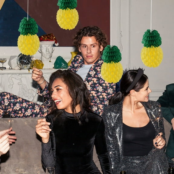 HEMOTON 9pcs Yellow Pineapple Honeycomb Balls Paper Hanging Decoration for and Festive Atmosphere