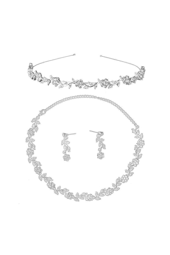 Bridal Wedding Rhinestone Decorated Floral Jewelry Set Tiara Necklace Earrings (Silver)