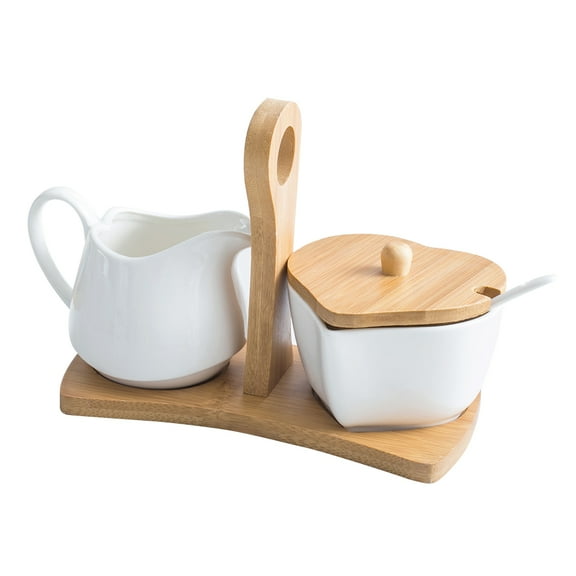 HEMOTON Ceramic Sugar Bowl and Cream Pitcher Set with Bamboo Tray and Spoon for Home Hotel