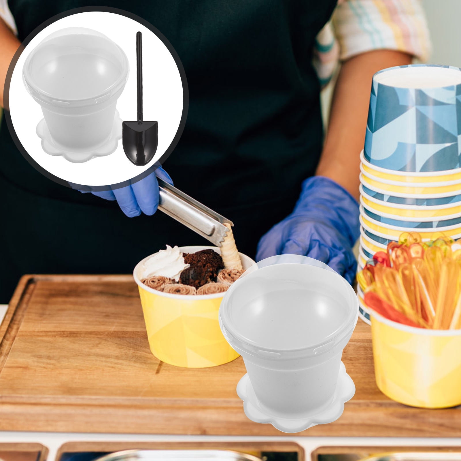 HEMOTON Creative Flowerpot Shaped Dessert Cups with Lid and Spoon Set for Yogurt Mousse 20 Pieces White