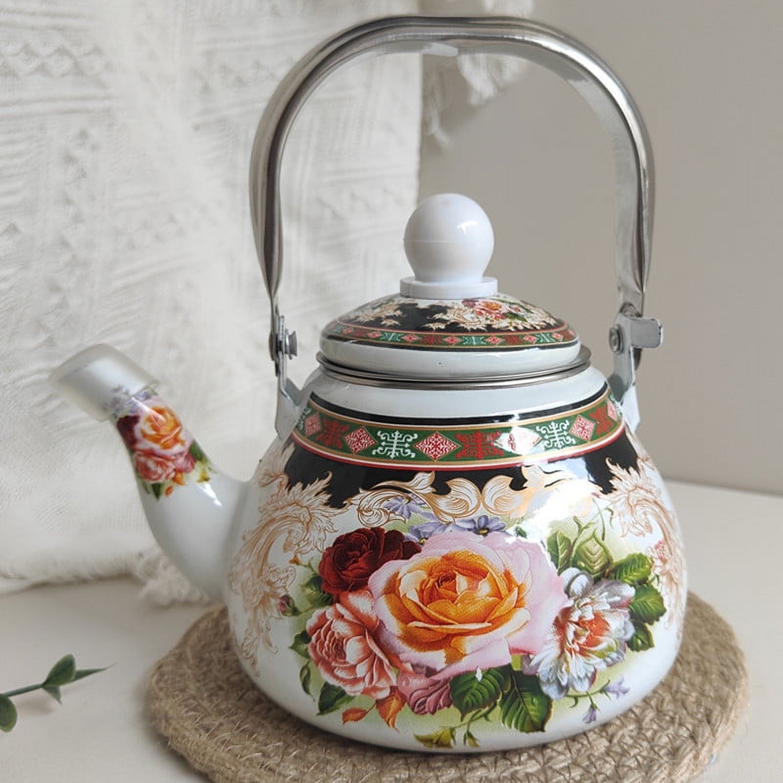 HEMOTON Enamel Kettle Floral Pattern Tea Kettle Stovetop Decorative
